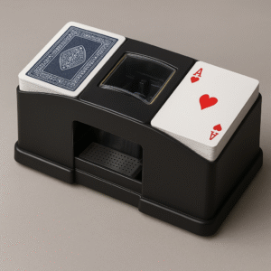 A black automatic card shuffler with playing cards inserted on top and output slot visible, placed on a neutral surface—perfect for card shufflers speeding up your card game.
