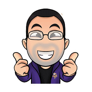 Cartoon of a smiling man with glasses, wearing a purple hoodie, pointing both thumbs towards himself.